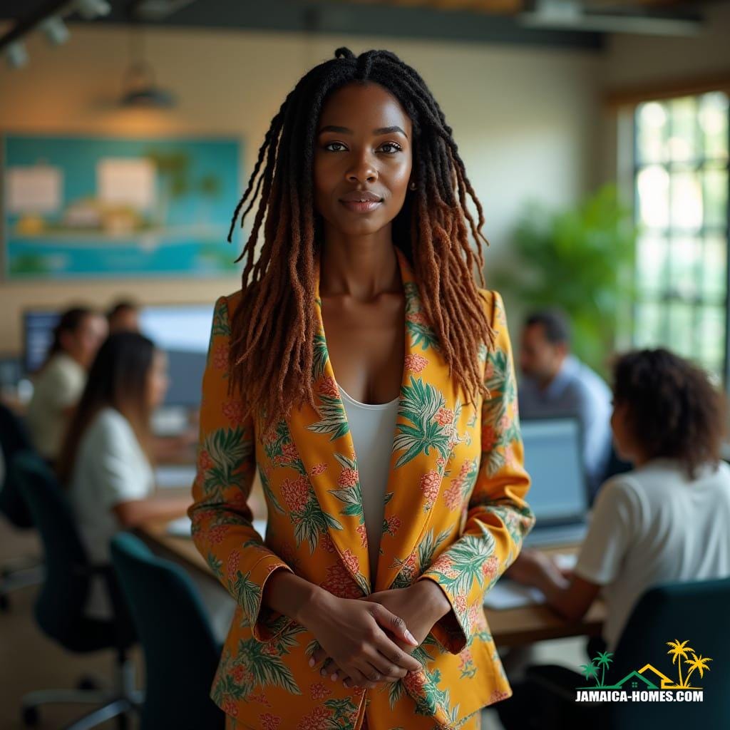 A stunning, cinematic close-up of a mixed-heritage real estate agent, half Chinese and half Black, with vibrant dreadlocks, standing confidently in front of a large computer screen in a modern Caribbean office, surrounded by colleagues engaged in a lively discussion on digital property transactions. She is elegantly dressed in a professional, tropical-inspired outfit, exuding warmth and authority. The camera, shot on a V-Raptor XL, captures the scene with a subtle film grain, adding texture and depth to the image. A soft vignette draws the viewer's eye to the subject, while a carefully color-graded palette evokes the lush, sun-kissed tones of the Caribbean. The lighting is dramatic, with a mix of warm and cool tones, reminiscent of a 35mm film still. The overall atmosphere is one of sophistication and excitement, as if the scene has been plucked from a blockbuster film. Inspired by the works of acclaimed cinematographers, such as Emmanuel Lubezki and Roger Deakins, with a hint of Wong Kar-wai's vibrant color palette and the dramatic lighting of Gordon Willis.