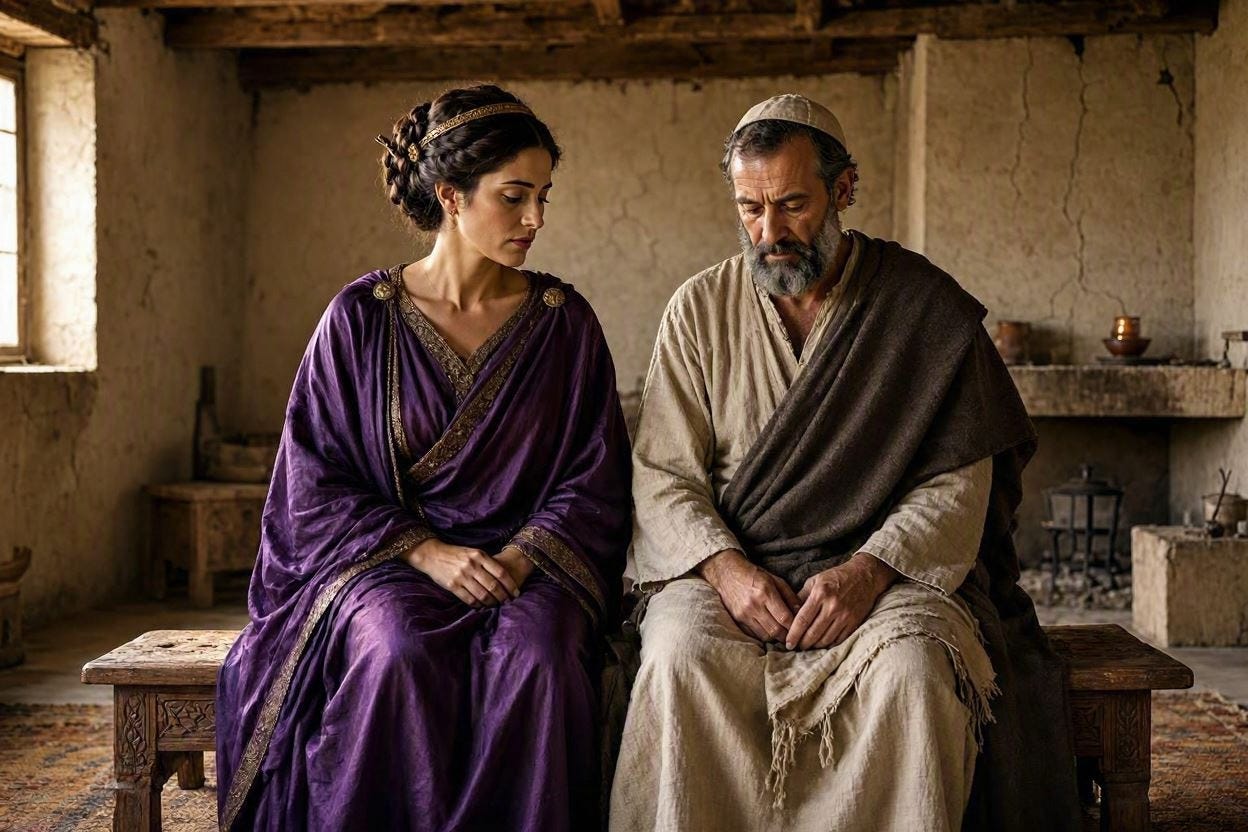 a fancy dressed Roman lady and a Talmud-era rabbi sit next to each other on a bench inside a home, both looking sad.