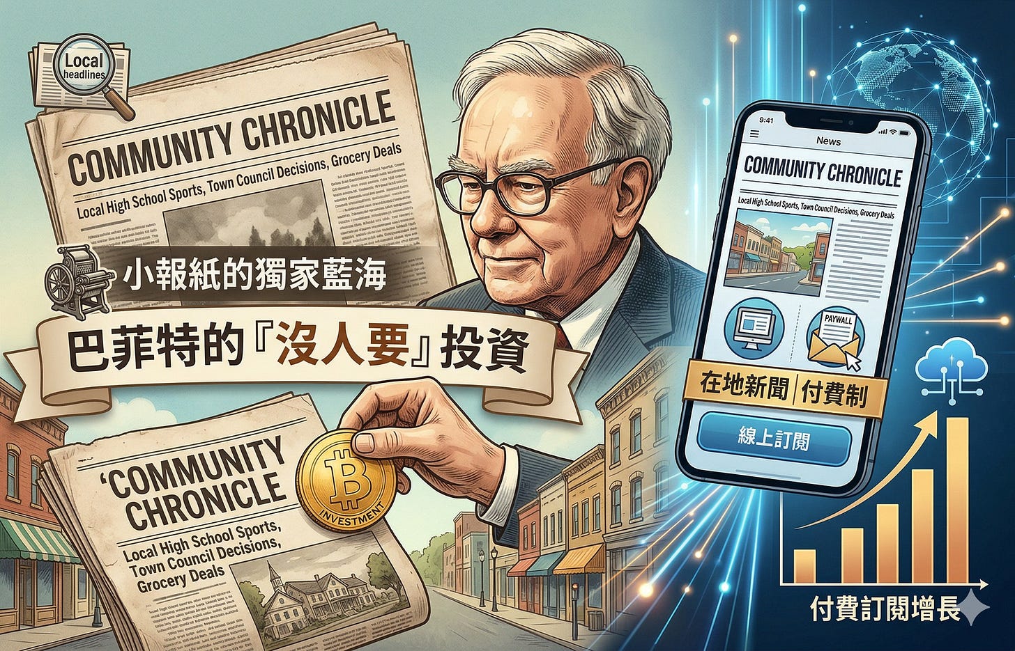 可能是‎顯示的文字是「 ‎Local headlines COMMUNITY Town Council Decisions, MANL CHRONICLE Deals Grocery Local High School Sports, 9:41 は時 ወና News COMMUNITYCHRONICLE COMMUNITY CHRONICLE LarwKighSetoulSperts คชรผิมาสัง Deciaians, Anopery 小報紙的獨家藍海 巴菲特的「沒人要」投資 巴菲特的 PapиRu 国 л اسله STMENT COMMUNITY CHRONICLE Sports, Local High School Town Council Decisions, Grocery Deals 在地新聞 在地新聞/付費制 付費制 線上訂閲 التبه 付費訂閱增長 대부용전치‎ 」‎的圖像