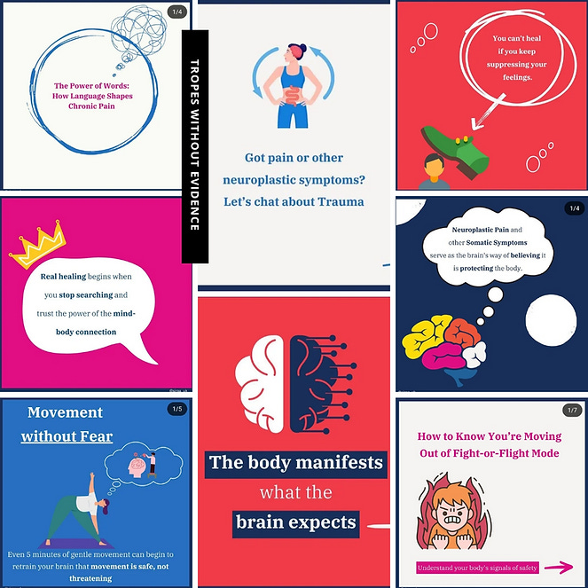Collage with text on chronic pain, trauma, healing, and brain-body connections. Bold colors with graphics of brains, people, and thought bubbles.