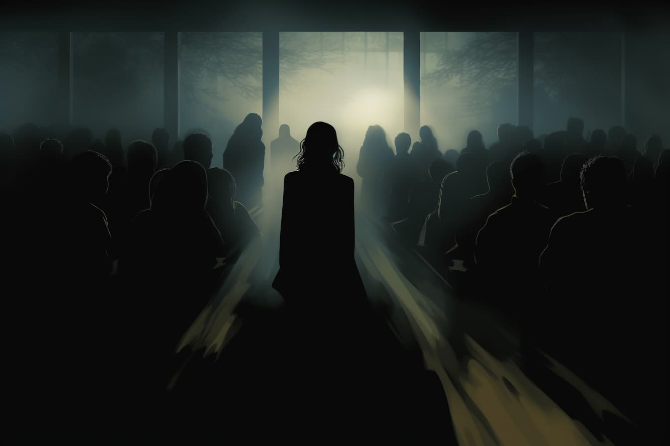Silhouettes of workers in an auditorium, with some standing up to leave