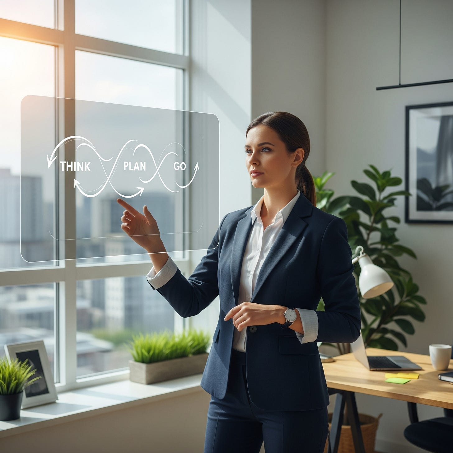 A professional executive stands confidently in a modern, sunlit office, gesturing toward a semi-transparent digital display showing the 'THINK,' 'PLAN,' and 'GO' strategic cycle.