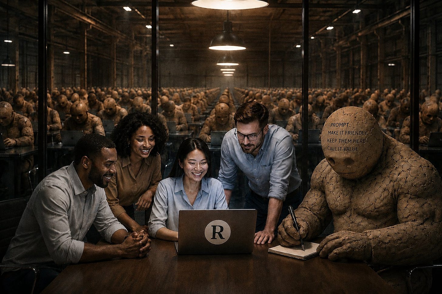 Four people gathered around a laptop while a clay golem with a prompt inscribed on its forehead watches over them; behind them, rows of identical golems recede into a server-hall horizon. Four people gathered around a laptop while a clay golem with a prompt inscribed on its forehead watches over them; behind them, rows of identical golems recede into a server-hall horizon.