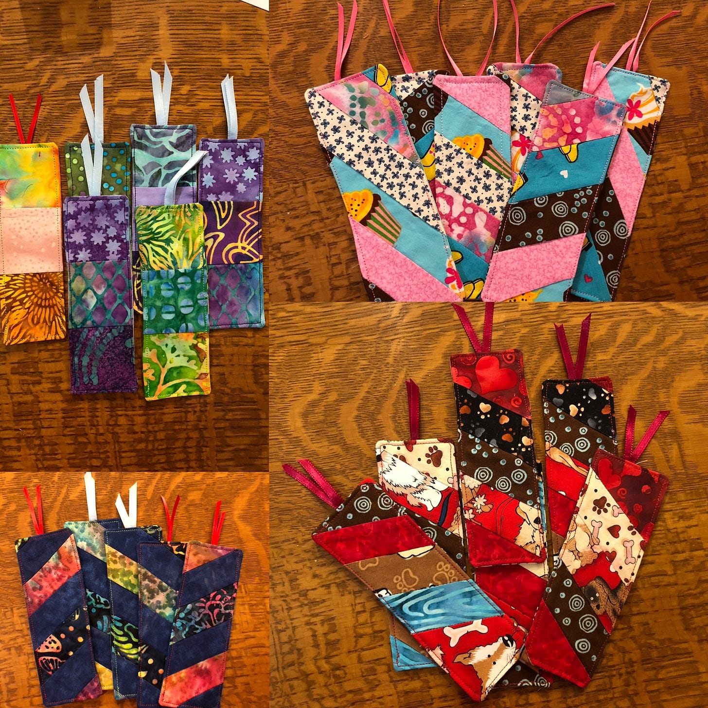 Bookmarks made from colorful scraps of fabric.