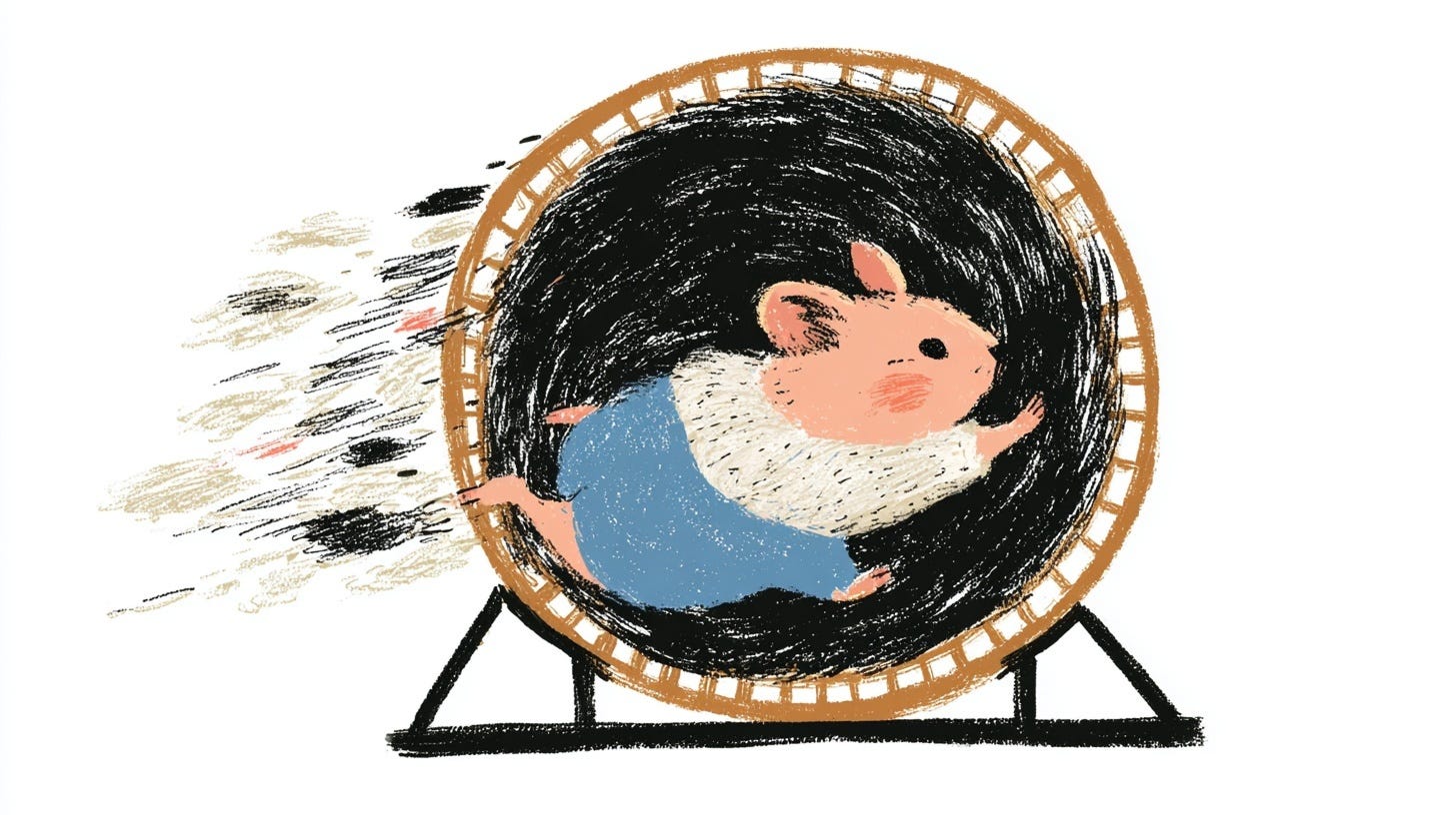  Illustration of a hamster running fast on a wheel, with sketchy motion lines showing speed.