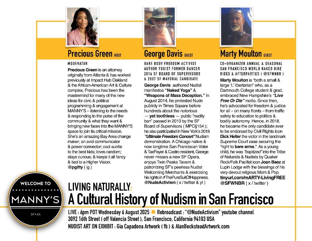Promotional flyer for “Living Naturally: A Cultural History of Nudism in San Francisco,” featuring photos and bios of moderator Precious Green and guests George Davis and Marty Moulton, with event details listed below.