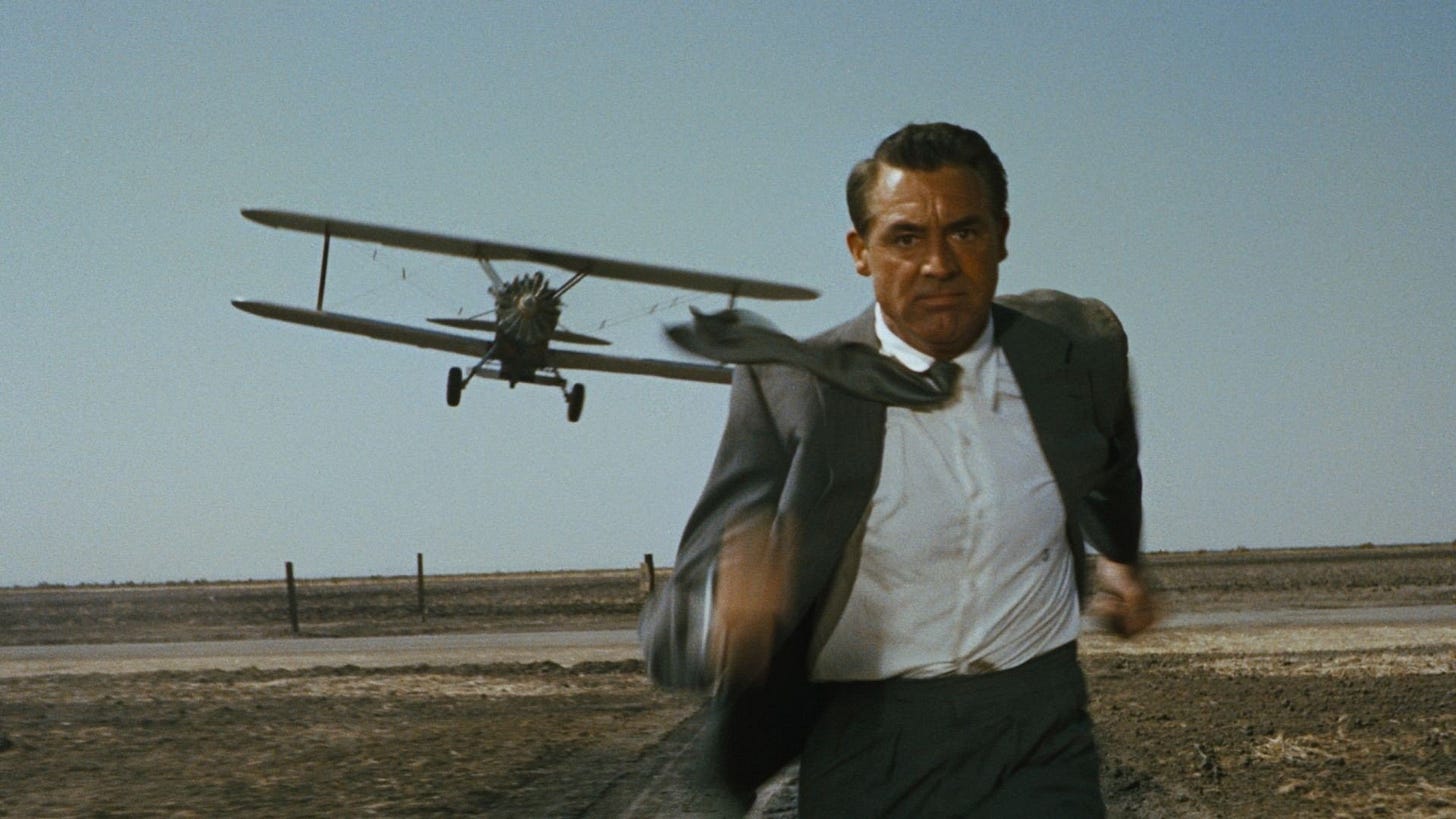North by Northwest | Still features Cary Grant as Roger Thornhill being chased by a crop duster plane.