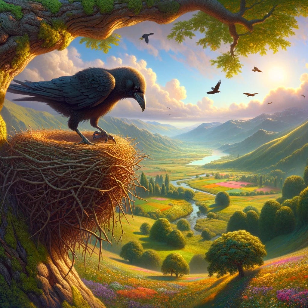 Imagine a picturesque scene featuring a baby crow perched tentatively at the edge of a nest, high atop a towering tree. The nest is intricately woven from twigs and sits securely in the crook of a branch. Below, a breathtaking landscape unfolds: rolling green hills dotted with colorful wildflowers, a meandering river sparkling under the sun, and distant mountains shrouded in mist. The world below is alive with the vibrant hues of nature, offering a stark contrast to the crow's temporary sanctuary. The baby crow looks down, embodying both curiosity and hesitation, as if contemplating the vast unknown awaiting beyond the safety of its nest.