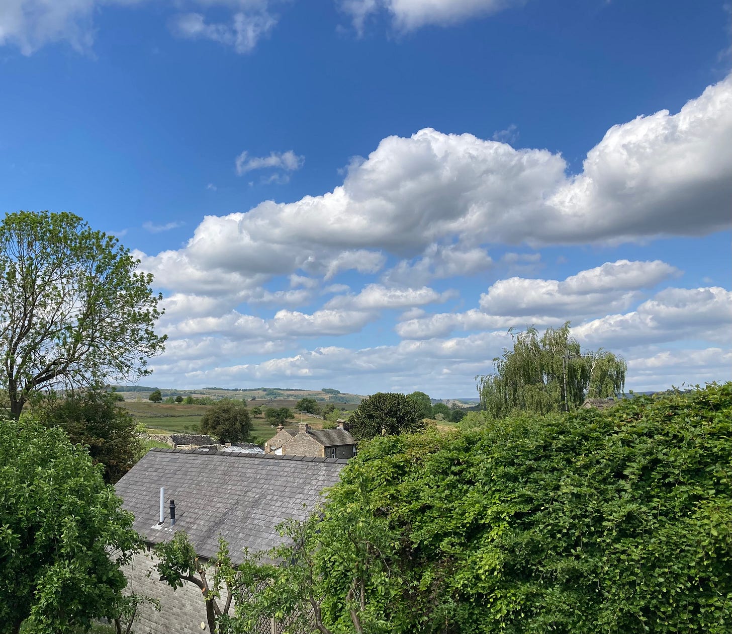 Tops of some houses and some rolling green fields and a very blue sky. 