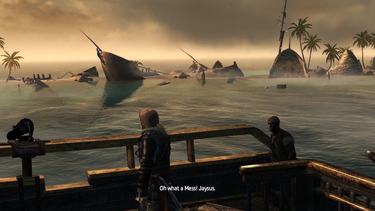 Edward surveys the wrecked treasure fleet, saying “Oh what a Mess! Jaysus.”
