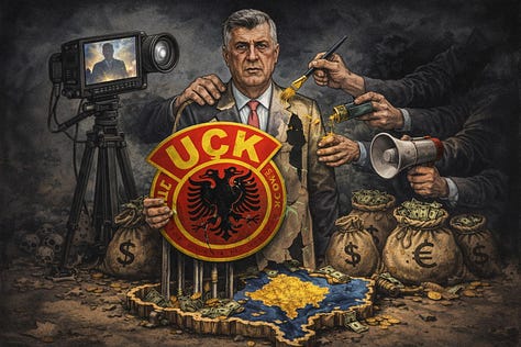 Karikaturat satirike që zbulojnë anën e errët të pasluftës: korrupsioni, kapja e UÇK-së nga elitat politike dhe ekonomike, manipulimi i narrativës patriotike, pasurimi i një pakice dhe harresa e viktimave reale të luftës. Ndërsa drejtësia hesht dhe propaganda flet, barra e pasojave bie mbi veteranët, familjet e dëmtuara dhe fëmijët e varfërisë.