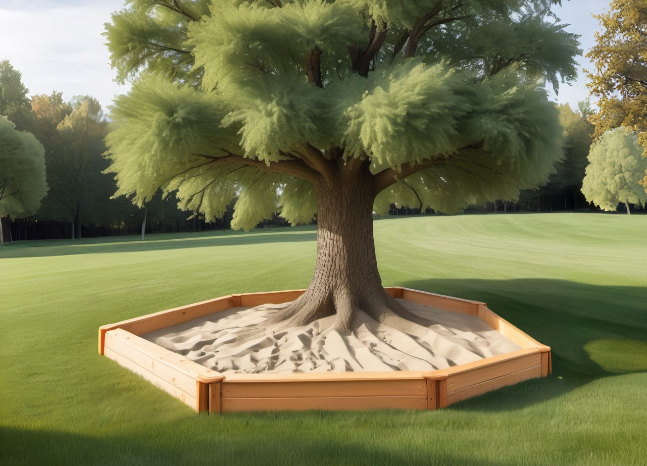 A colored graphic of boards making a sandbox around a leafy tree.