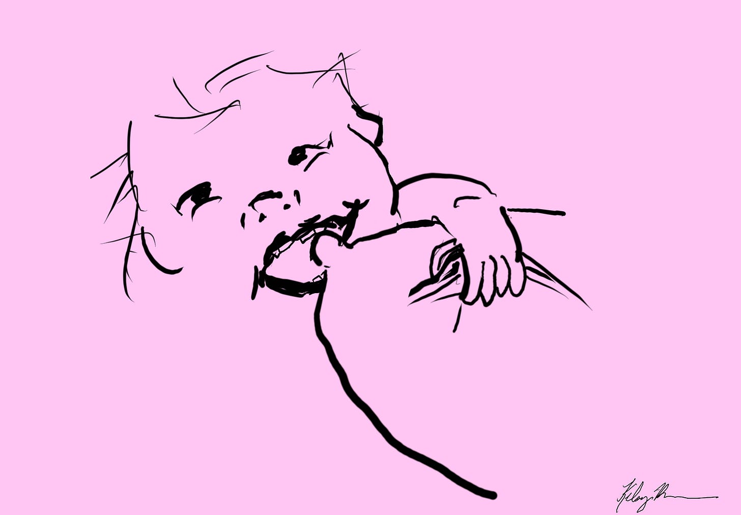 A sketch of a very toothy baby approaching a nipple, hand pinching flesh
