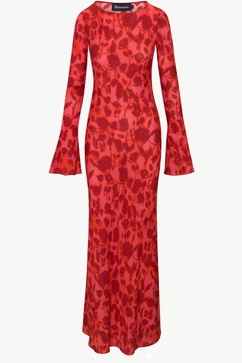 SHRIMPS pearl bag, Realisation Par print red dress, Aje pink silk dress, Rat & Boa purple print dress, Sleeper pyjama suit, Self-Portrait red chiffon dress