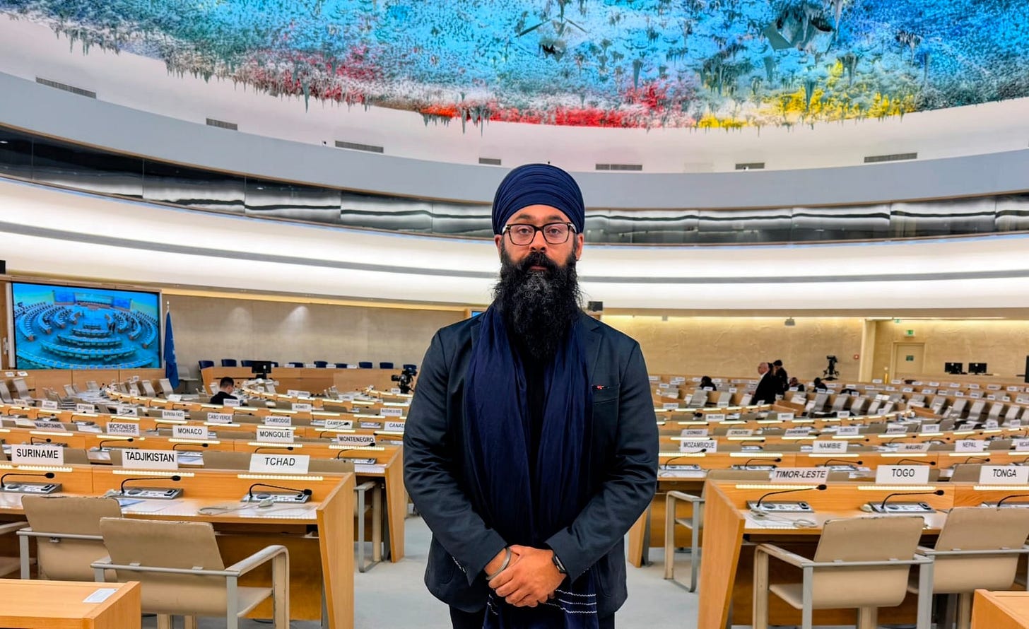 Canadian Sikh activist Moninder Singh at the UN Human Rights Council room in Geneva. Canadian Sikh activist Moninder Singh at the UN Human Rights Council room in Geneva.