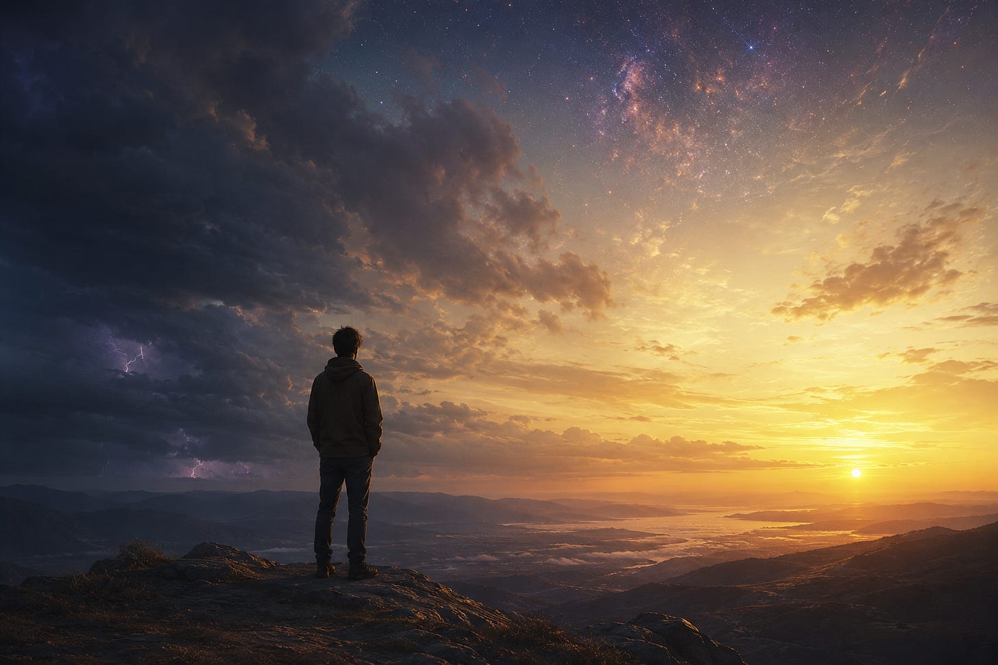 A man standing quietly at the edge of a vast landscape at dawn, symbolizing resistance to change and the threshold of transformation.