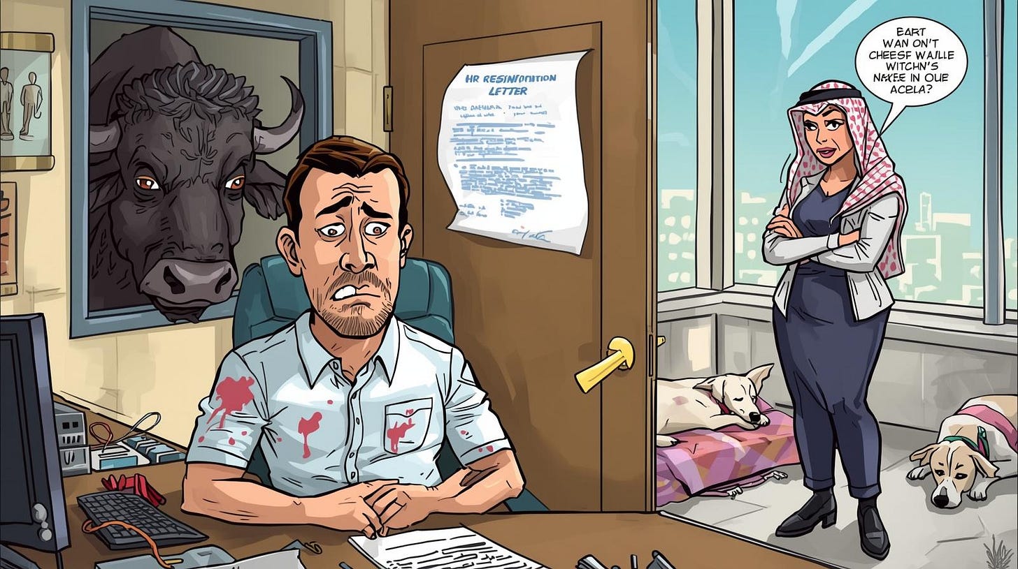 Illustration of a nervous office worker being scolded by HR, with a resignation letter stuck on a toilet door, a buffalo in the corner, and stray dogs outside — a comic scene symbolizing regret and chaos. Illustration of a nervous office worker being scolded by HR, with a resignation letter stuck on a toilet door, a buffalo in the corner, and stray dogs outside — a comic scene symbolizing regret and chaos.