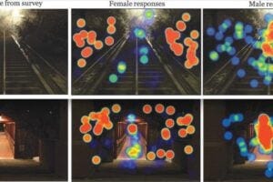 Gender-based heat map images show where men tend to look and where women tend to look on a path at night. Women focused significantly more on potential safety hazards — the periphery of the images — while men looked directly at focal points or their intended destination