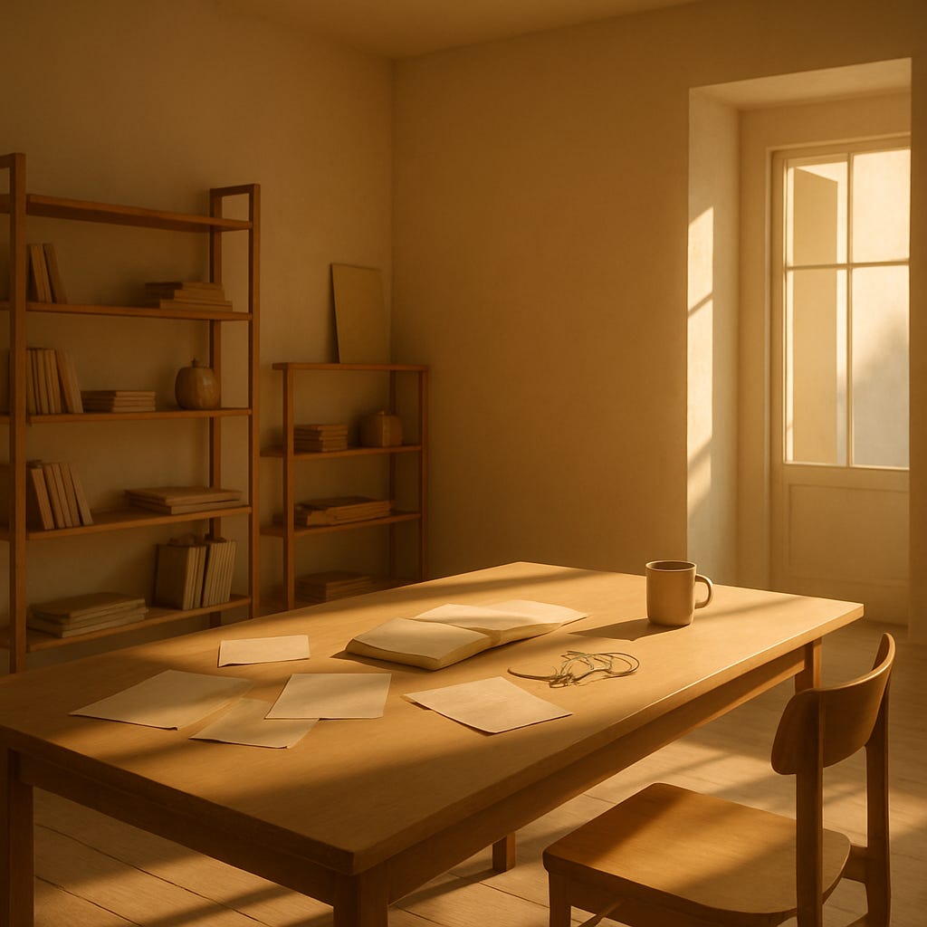 A warm, sunlit studio room with a wooden table, notebooks, a chair, and shelves, inviting the viewer into a quiet creative space. A warm, sunlit studio room with a wooden table, notebooks, a chair, and shelves, inviting the viewer into a quiet creative space.