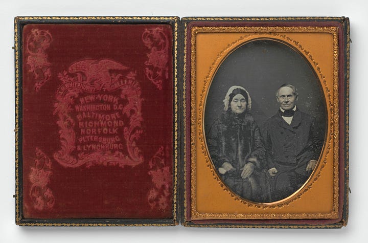 Black and white framed daguerrotype images of siblings and a married couple from the 1840s