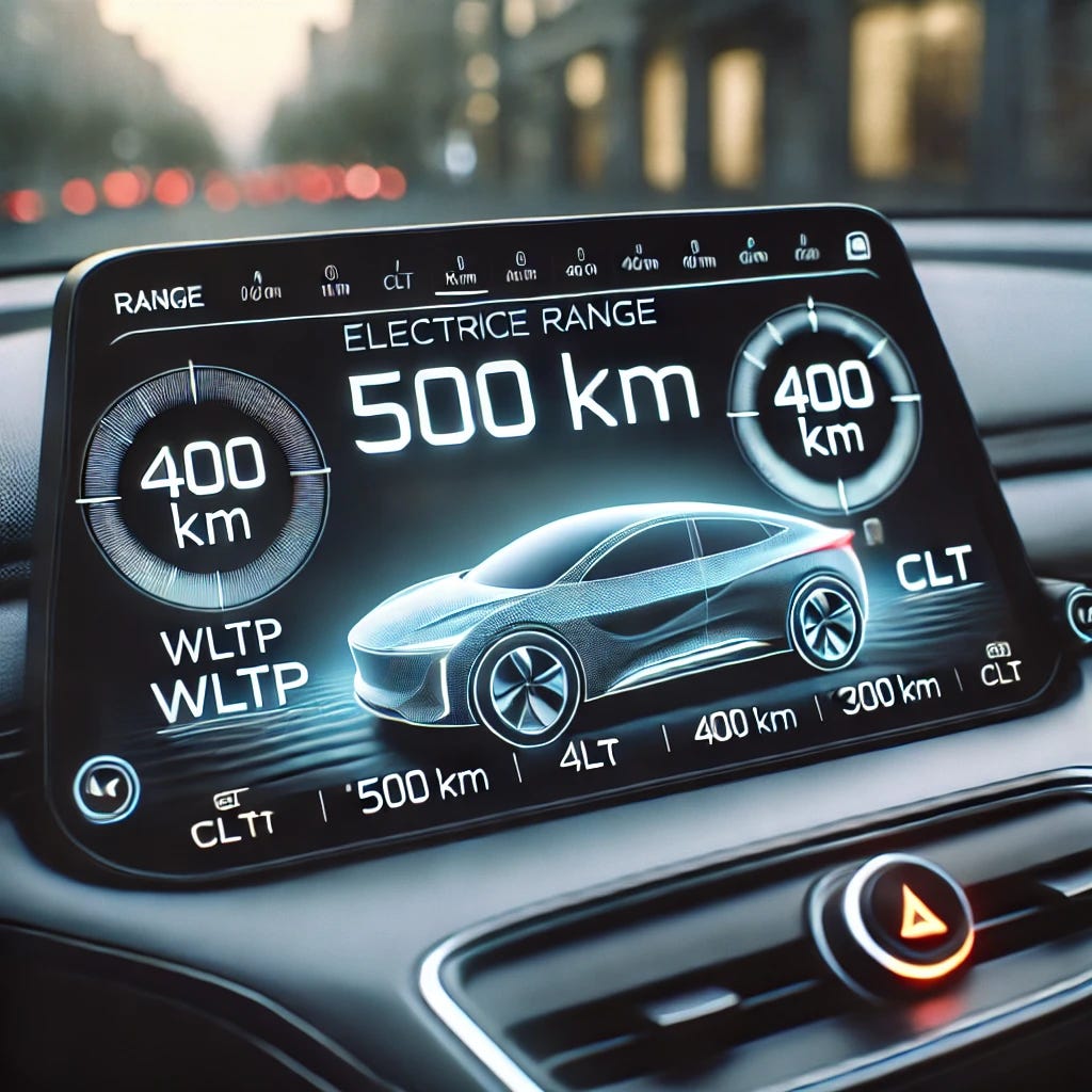 A realistic close-up image of an electric car's dashboard displaying the vehicle's range. The digital screen prominently shows a range of '500 km' with the label 'WLTP' and '400 km' with the label 'CLT'. Additionally, where '300 km' appears, it should now be labeled with 'CLTC'. The dashboard has a modern, high-tech design with a sleek touchscreen interface. The interior is illuminated with soft ambient lighting, and the car's steering wheel and part of the infotainment system are visible. The background is blurred, suggesting an urban environment outside the car.