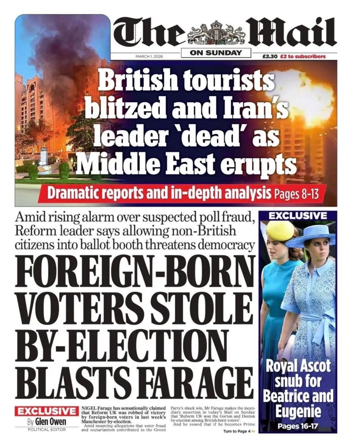 Mail on Sunday front page, with the headline "FOREIGN-BORN VOTERS STOLE BY-ELECTION BLASTS FARAGE" Mail on Sunday front page, with the headline "FOREIGN-BORN VOTERS STOLE BY-ELECTION BLASTS FARAGE"