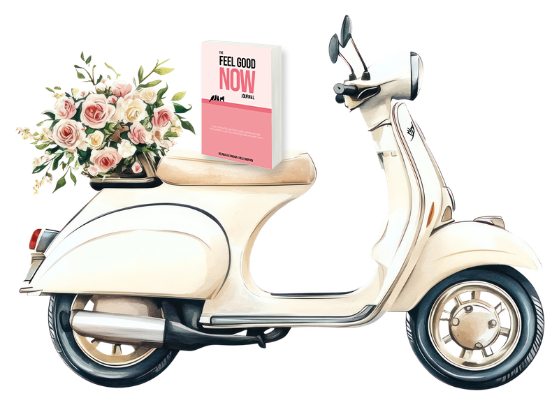 The Feel Good NOW Journal sits on a white vespa with flowers sitting on the back