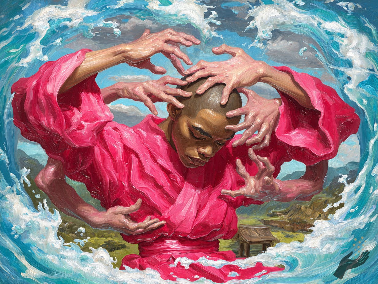 A figure in a bright pink robe lowers the head while multiple pale hands reach around and touch the scalp, framed by a circular ring of blue water against a cloudy sky.
