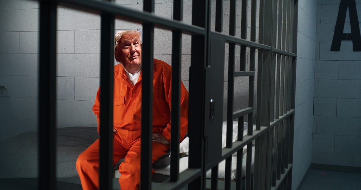 Image of Trump in an orange jump suit behind bars Image of Trump in an orange jump suit behind bars