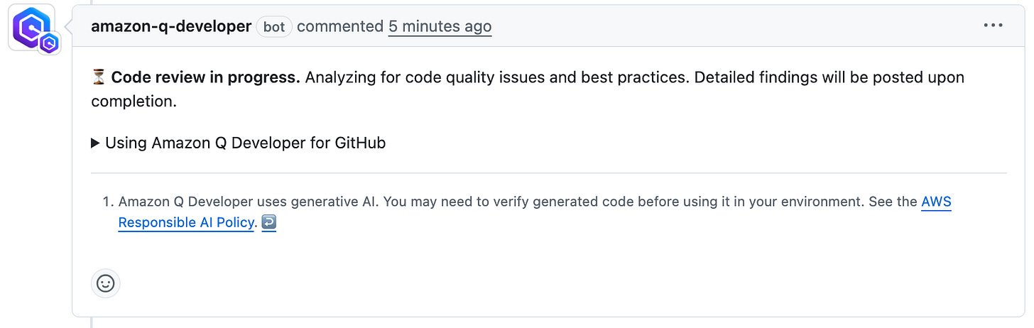 GitHub pull request interface showing a notification that Amazon Q Developer has automatically initiated a code review and is analyzing the changes, with a progress indicator