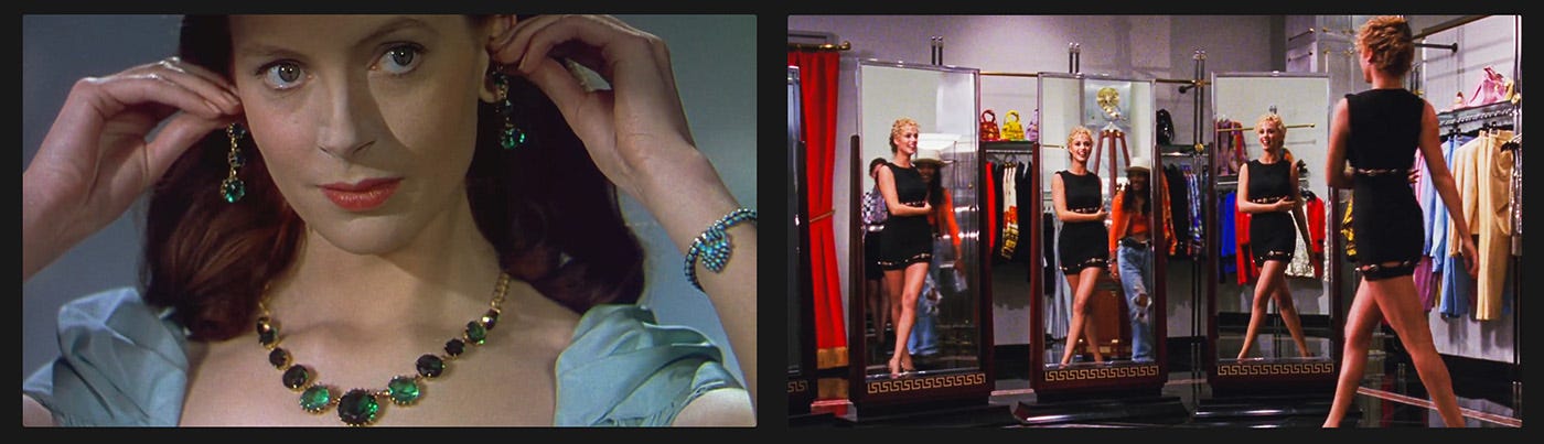 Left: Deborah Kerr tries on emerald earrrings in a mirror during a flashback to her layperson life in Ireland. Right, Elizabeth Berkley confidently struts up to a series of floor mirrors while trying on a sleek black dress inside Versace. Left: Deborah Kerr tries on emerald earrrings in a mirror during a flashback to her layperson life in Ireland. Right, Elizabeth Berkley confidently struts up to a series of floor mirrors while trying on a sleek black dress inside Versace.