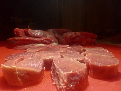 Three photos show various stages of butchering. In the first, two bulls stand inside a barn with way, and a third cow is behind a fence in the distance. The second photo shows two people standing behind the carcass of a butchered cow, and the third shows cuts of fresh meat on a table.