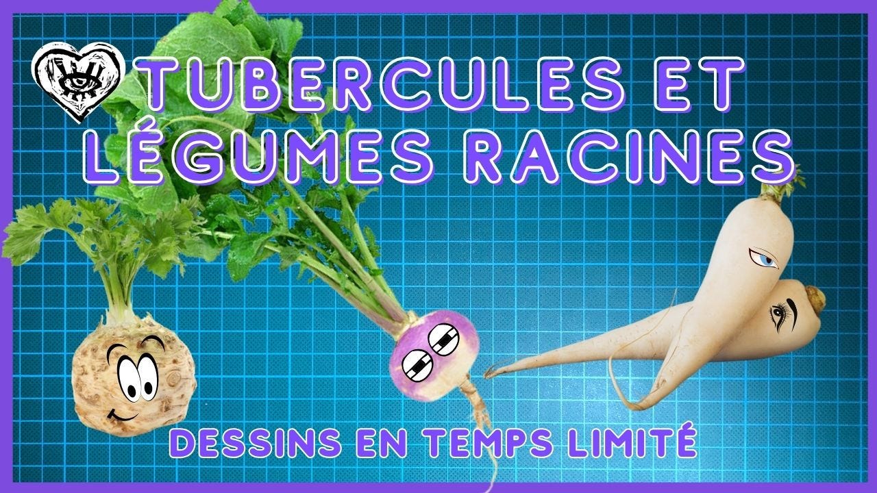 Miniature de la session du dimanche 22 Février. On y voit un montage photos de tubercules et légumes racines sur lesquelles j’ai ajouté des yeux.