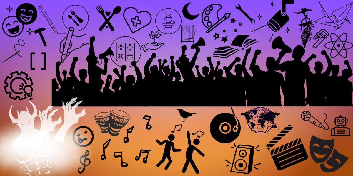 A vibrant split-panel digital collage with a purple-to-orange gradient background. Across the top half, a large crowd of silhouetted people stand with raised fists and megaphones, symbolizing collective action and grassroots power. Surrounding them are black line-art icons representing creativity and human expression: comedy masks, paintbrushes, pencils, books, open hands, a heart with a medical cross, mathematical symbols, gears, pottery, dance, writing utensils, a crescent moon, a paint palette, paper cranes, a beaker, and an atom symbol.  On the bottom half, more icons highlight music and culture: musical notes, bongo drums, dancers, a vinyl record, a microphone, a movie clapperboard, speakers, comedy and theater masks, and a globe wrapped in interconnected lines. A small black bird stands near the center-top of the lower section, symbolizing freedom, and a simple robot icon sits near the right side, representing technology and the future.  On the left, a ghostly white demon figure with horns and muscular anatomy rises from swirling smoke, reaching outward with clawed hands—symbolizing oppressive systems attempting to influence or control. The smoke drifts upward through the collage, blending with the crowd imagery to show tension between domination and human creativity, expression, and liberation.