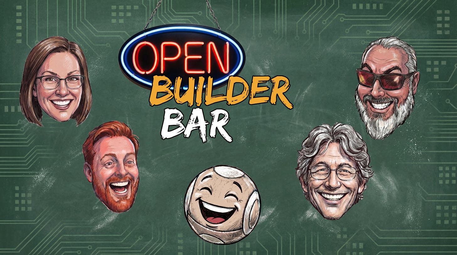 Circuit board background fading into a chalkboard with chalk smudge. Five caricature heads, four people, one AI. Open Builder Bar written in the center.