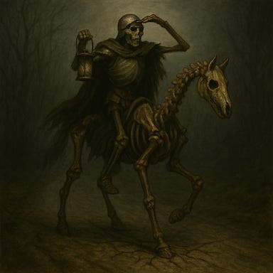 a skeletal rider alone on a cracked road, rigid in the posture of a long-buried soldier, one hand clutching a blackened lantern with a dead flame and fractured glass, the other shading hollow eye sockets as if scanning a distant horizon
