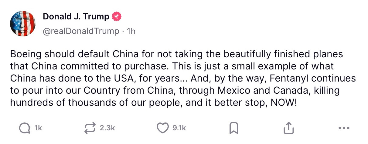   Boeing should default China for not taking the beautifully finished planes that China committed to purchase. This is just a small example of what China has done to the USA, for years… And, by the way, Fentanyl continues to pour into our Country from China, through Mexico and Canada, killing hundreds of thousands of our people, and it better stop, NOW!