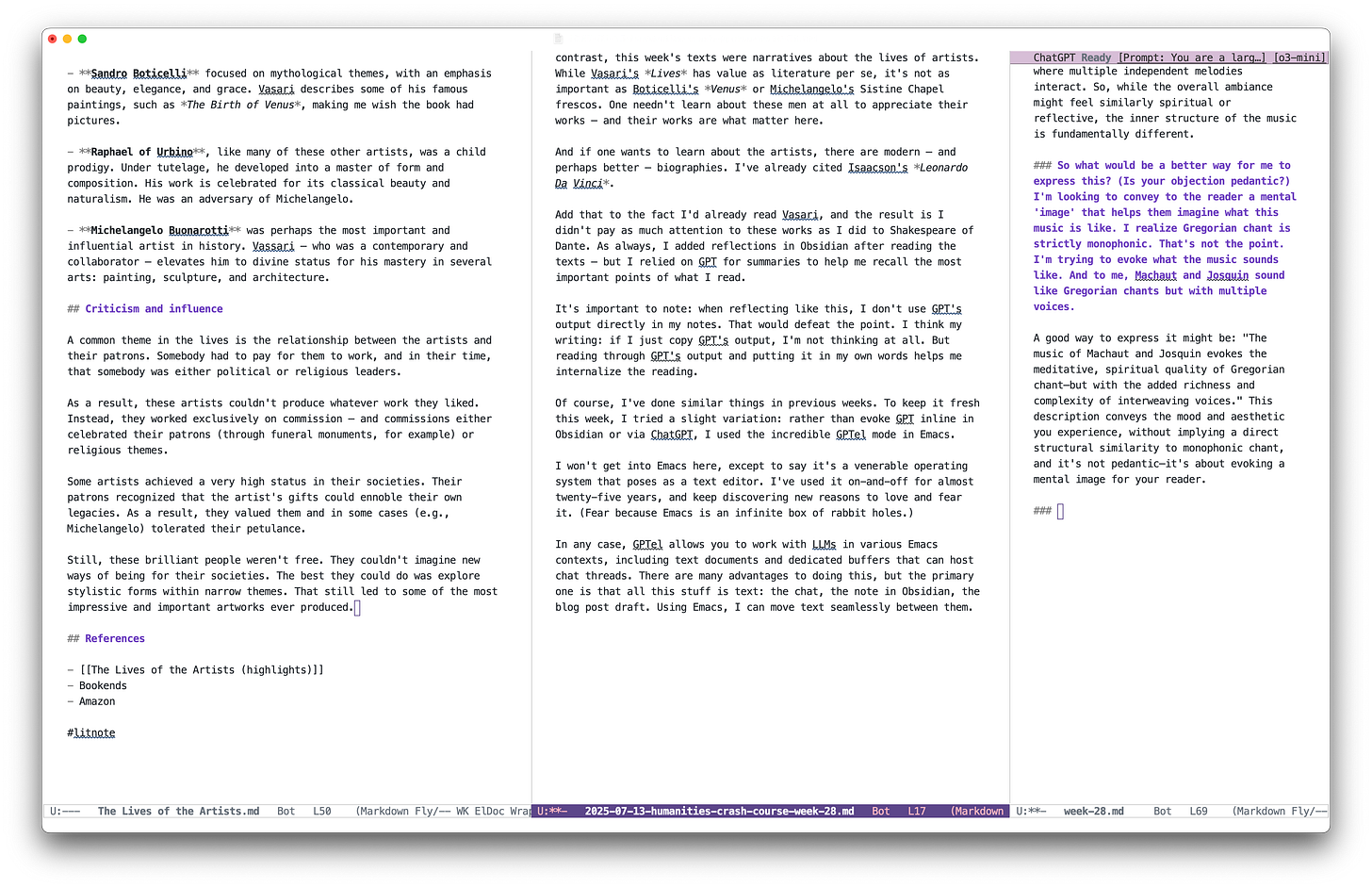 A three-pane Emacs window shows a writing workflow. The left pane shows an Obsidian note on Renaissance artists and patronage. The center pane shows Markdown for an in-progress blog post. The right pane displays an inline ChatGPT exchange about describing early polyphonic music. Three buffers in Emacs. From left to right: an Obsidian note, a blog post draft, and at gptel conversation. A three-pane Emacs window shows a writing workflow. The left pane shows an Obsidian note on Renaissance artists and patronage. The center pane shows Markdown for an in-progress blog post. The right pane displays an inline ChatGPT exchange about describing early polyphonic music. Three buffers in Emacs. From left to right: an Obsidian note, a blog post draft, and at gptel conversation.