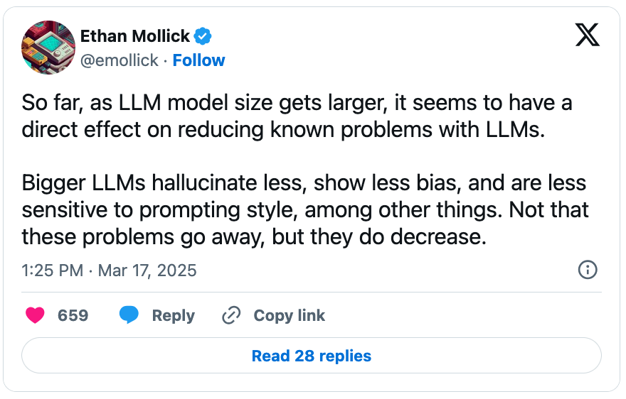 March 17, 2025 tweet by Ethan Mollick reading, "The amount of capability overhang in current AI systems is hard to overstate, even in narrow areas like vision & image creation.  If AI development stopped today (and no indication that is happening), we have a couple decades of figuring out how to integrate it into work & life."