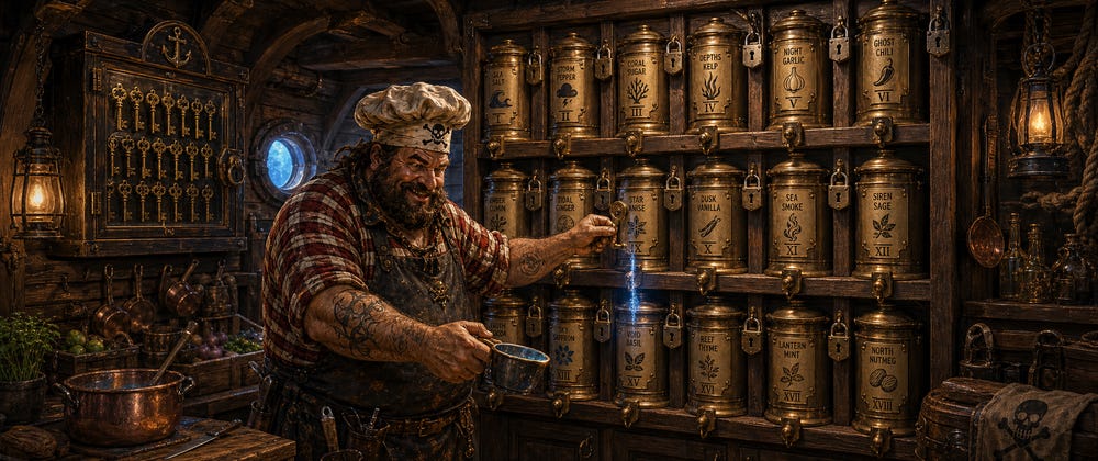 A ship’s cook drawing a glowing ingredient through a tap on one of eighteen locked and labeled brass canisters, while the ring of keys hangs in a glass case on the far wall. Do NOT caption the eighteen; leave it for readers to find. A ship’s cook drawing a glowing ingredient through a tap on one of eighteen locked and labeled brass canisters, while the ring of keys hangs in a glass case on the far wall. Do NOT caption the eighteen; leave it for readers to find.