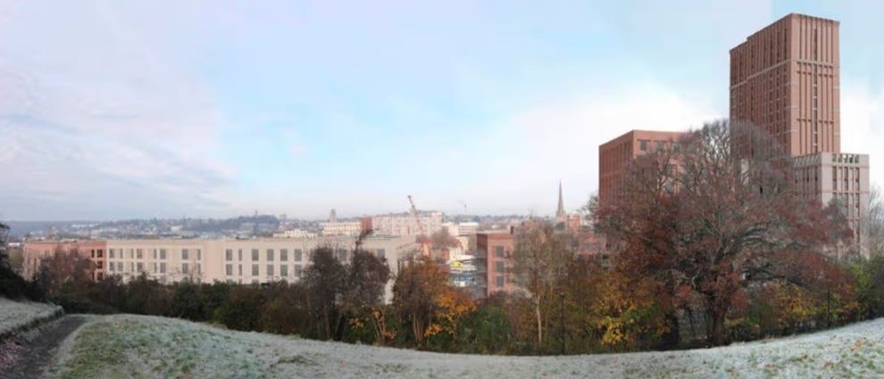 Architect's visualisation of the proposed Princess Street development in Bedminster, Bristol, showing the 23-storey student accommodation tower as seen from Victoria Park — image: Liz Lake Associates