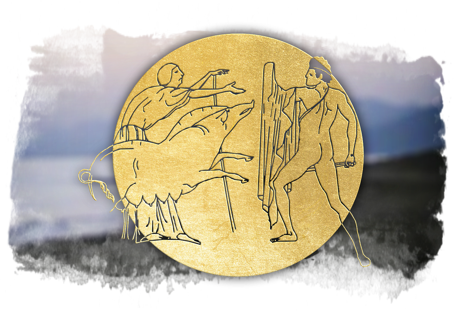 A gold-toned engraving inspired by a scene from a 5th-century BCE red-figure kylix shows Theseus facing the Crommyonian Sow and its keeper, Phaea. The sow lunges forward while the old woman reaches toward the hero, who stands armed with a club and shield. The image, drawn from Greek vase art, represents Theseus’ confrontation with the devouring forces of the unconscious — a symbolic act of discernment and transformation.