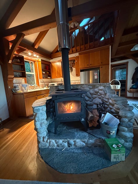 photos of a wood burning stove, red berries, a table strewn with autumnal foliage, a coyote in the woods, a handwritten letter with a painted postcard, and Megan framed by a cabin doorway