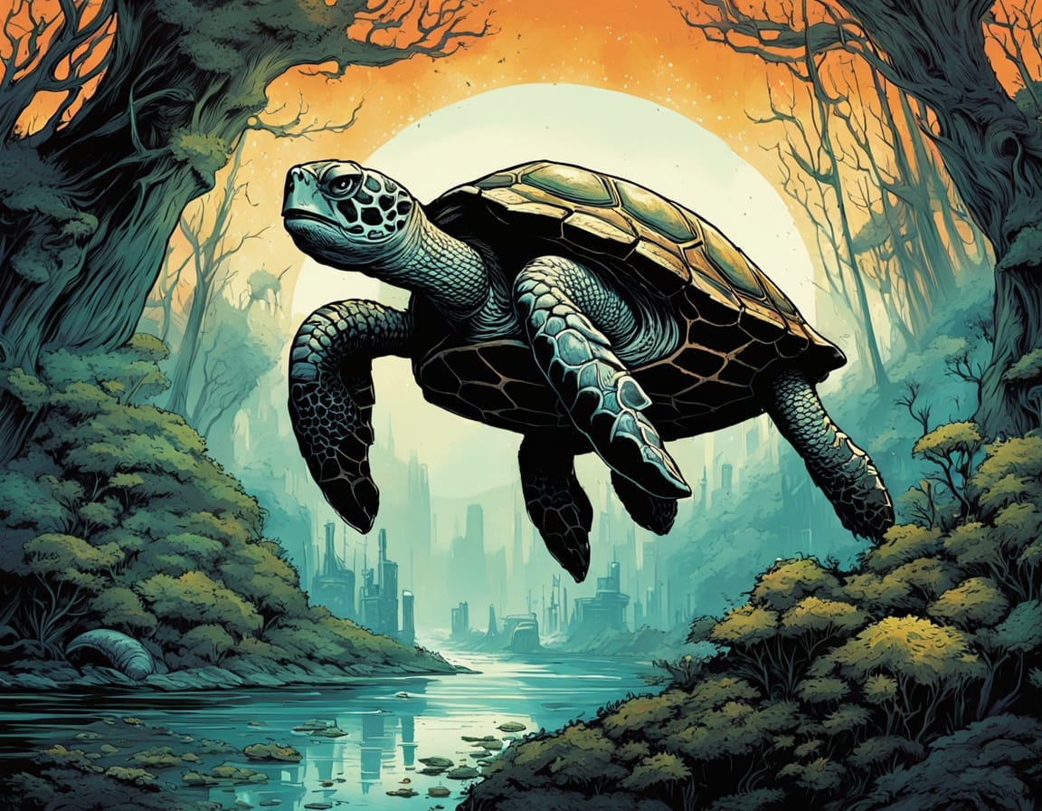 A turtle floats above a creek