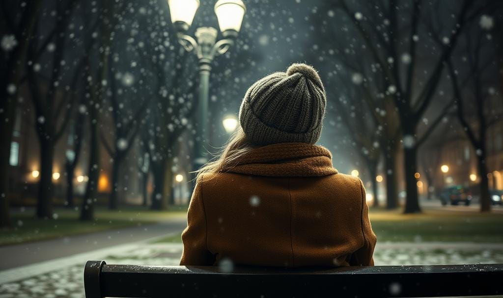 A young woman wearing a wooly hat and thick coat is sitting on a bench in a park at night, viewed from behind. There is a street lamp in front of her. Large snowflakes are falling heavily.