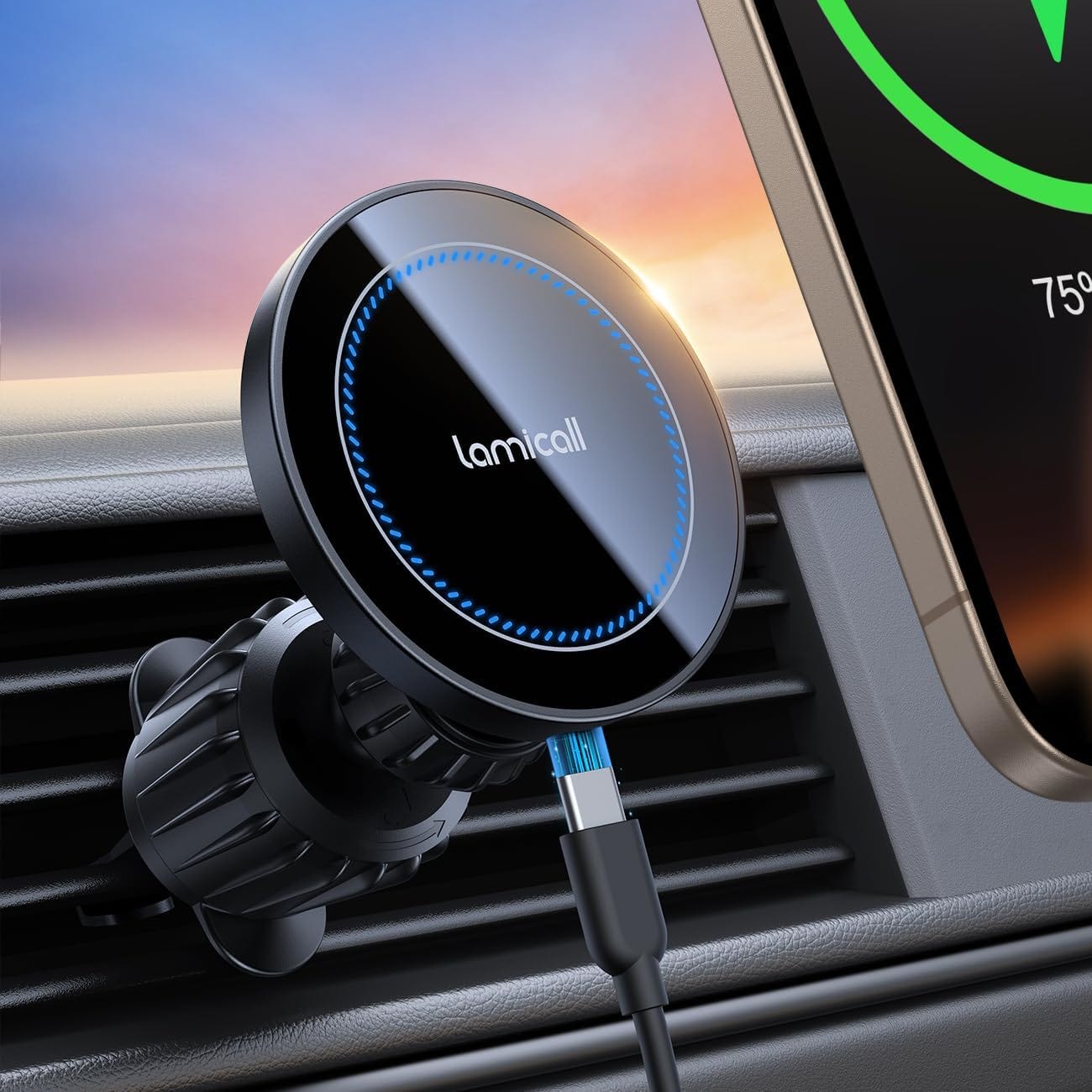 Supporto smartphone per auto con ricarica wireless.