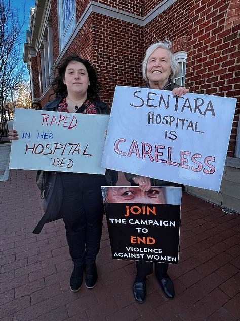 Virginia NOW organized a rally on March 20 in support of "H.C." a survivor of sexual assault who is hoping the Virginia Court of Appeals will agree to allow Sentara hospital system to be held responsible for sexual assault perpetrated against her by one of its nurses. Photos courtesy Lisa Sales. 