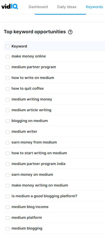 My VidIQ keyword suggestions