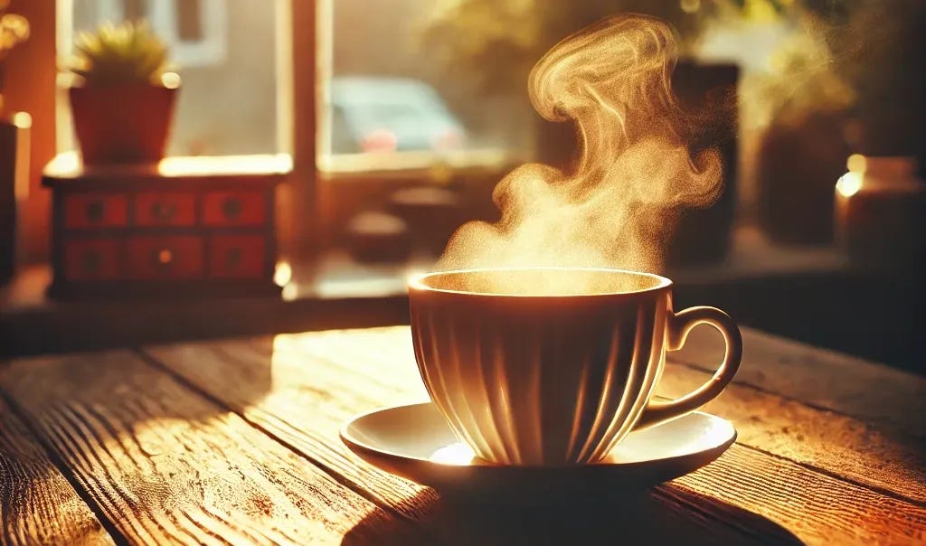 A warm morning scene with a steaming cup of coffee on a wooden table. Sunlight streams through a window, casting golden light across the room. The atmosphere is cozy, with soft, warm tones. A blurred background of green plants and a city skyline is visible outside the window. A warm morning scene with a steaming cup of coffee on a wooden table. Sunlight streams through a window, casting golden light across the room. The atmosphere is cozy, with soft, warm tones. A blurred background of green plants and a city skyline is visible outside the window.