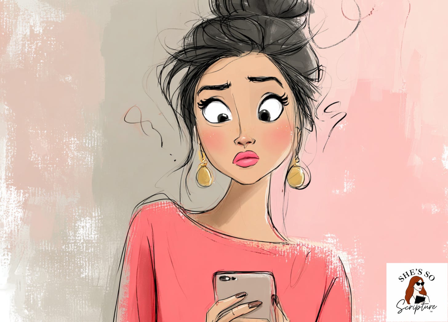 An illustration of a woman looking at her cell phone confused